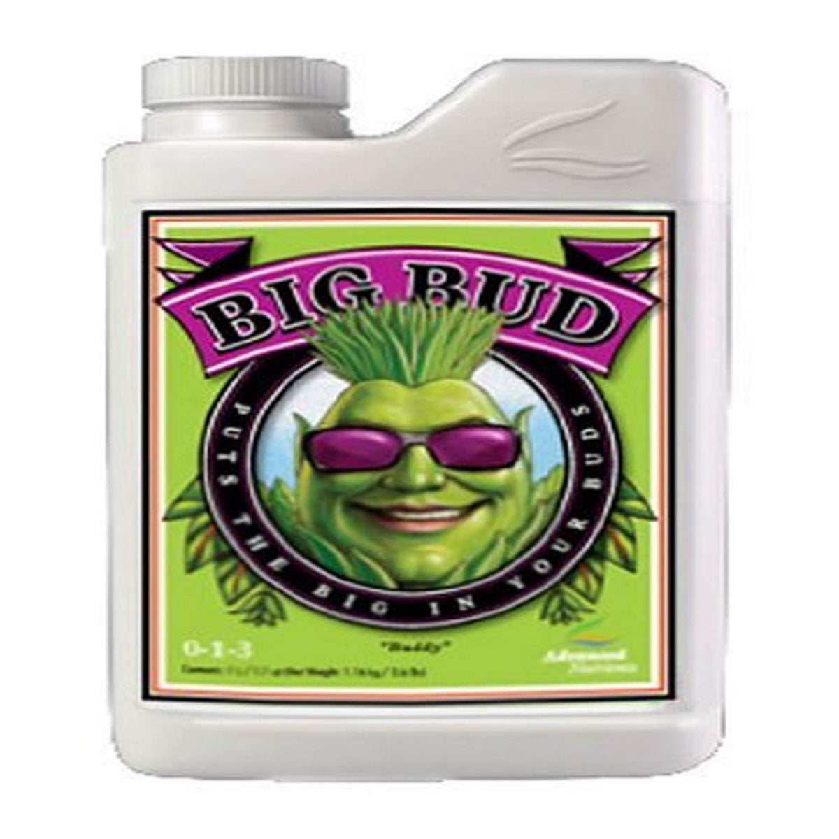 Advanced Nutrients Big Bud liquid fertilizer bottle, highlighting larger blooms and richer essential oils.