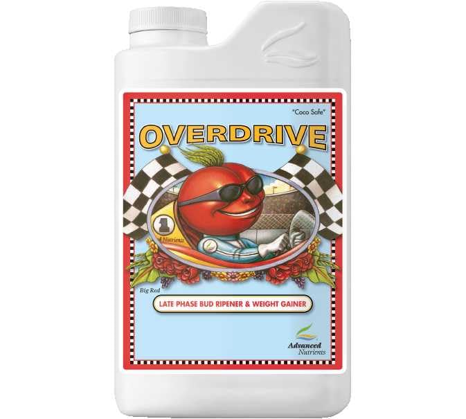 Advanced Nutrients Overdrive 1 L bottle, bloom-finish view, ideal for maximizing late-stage flower development.