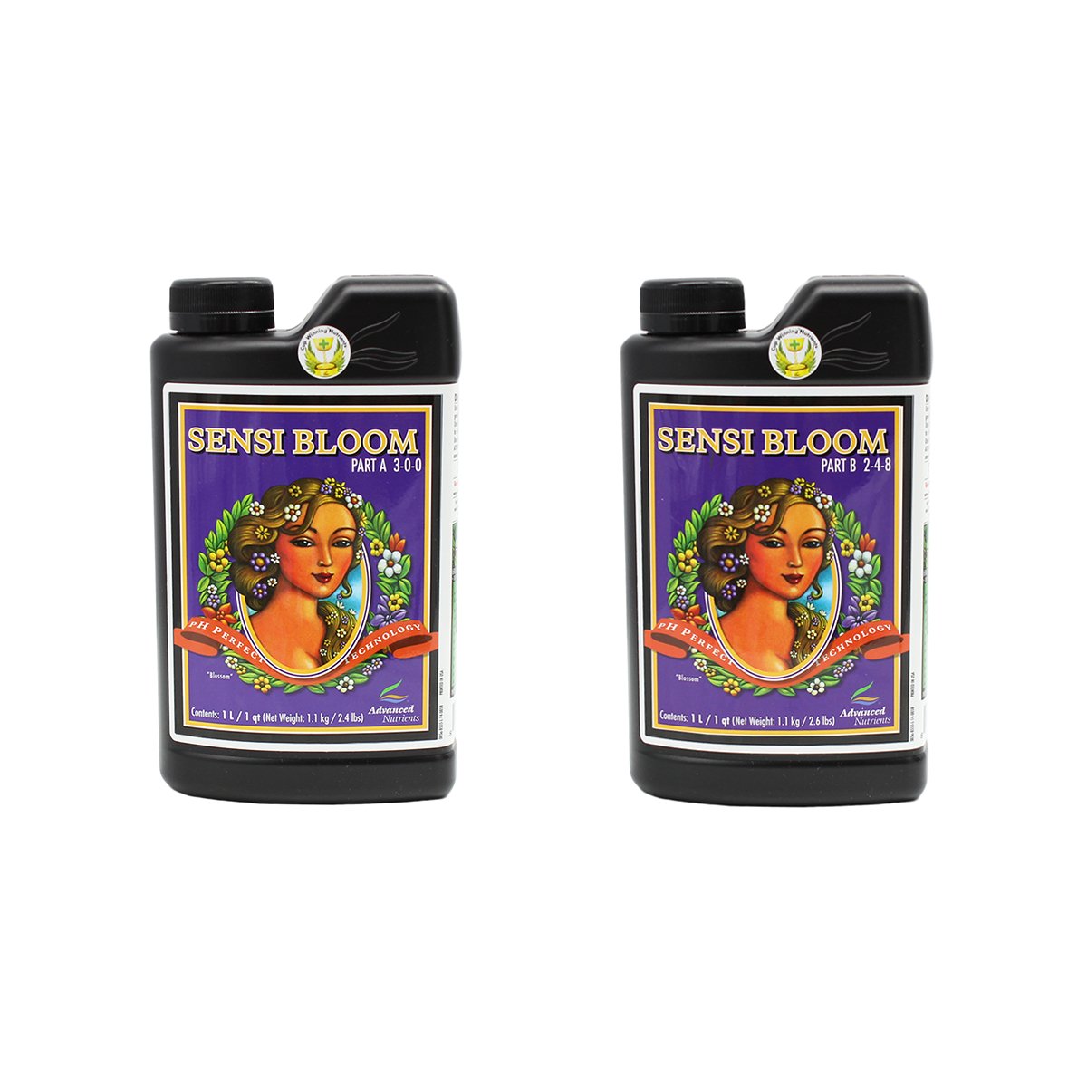 Advanced Nutrients Sensi Bloom A+B bottle highlights two-part formula for vibrant blooms