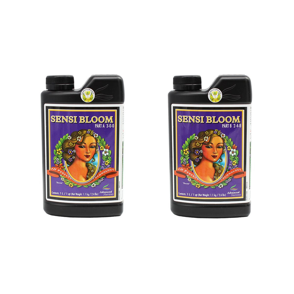 Advanced Nutrients Sensi Bloom A+B bottle highlights two-part formula for vibrant blooms