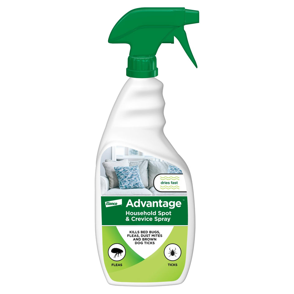 Advantage Spot and Crevice Spray in cabinet targets fleas and ticks.