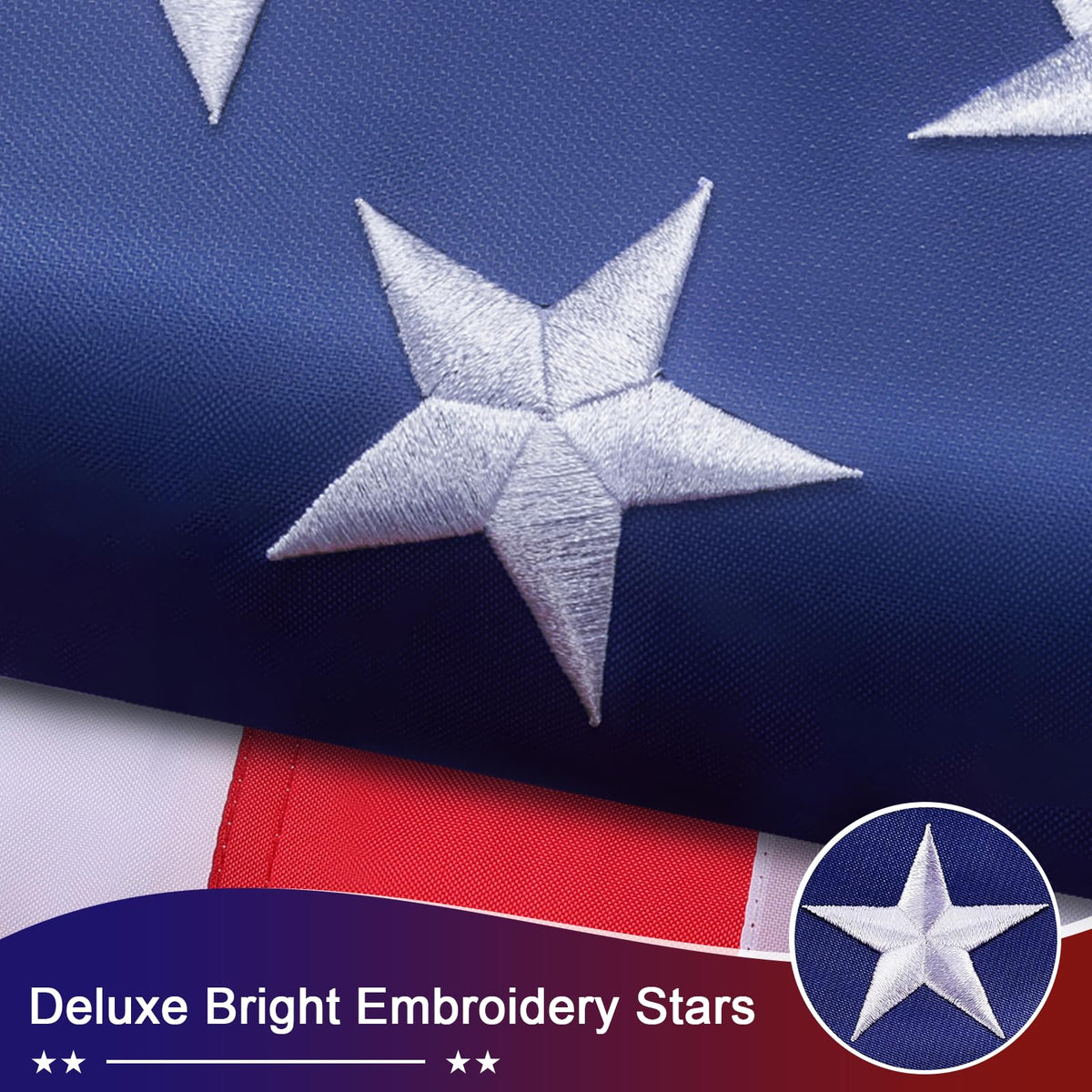 ADVELILD embroidered stars union close-up showing crisp stitching