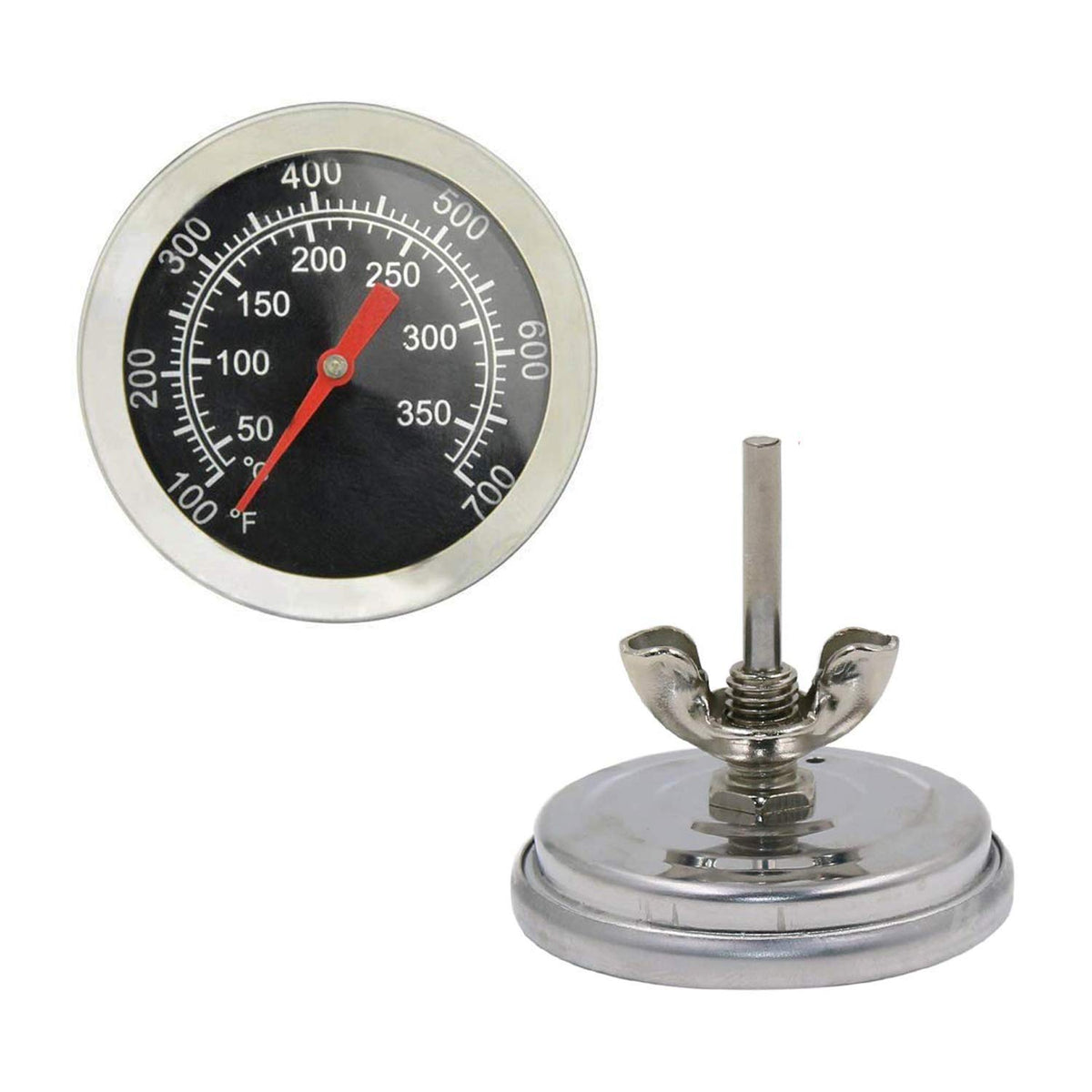 Adviace BBQ thermometer 2in dial installed on grill helps manage heat.