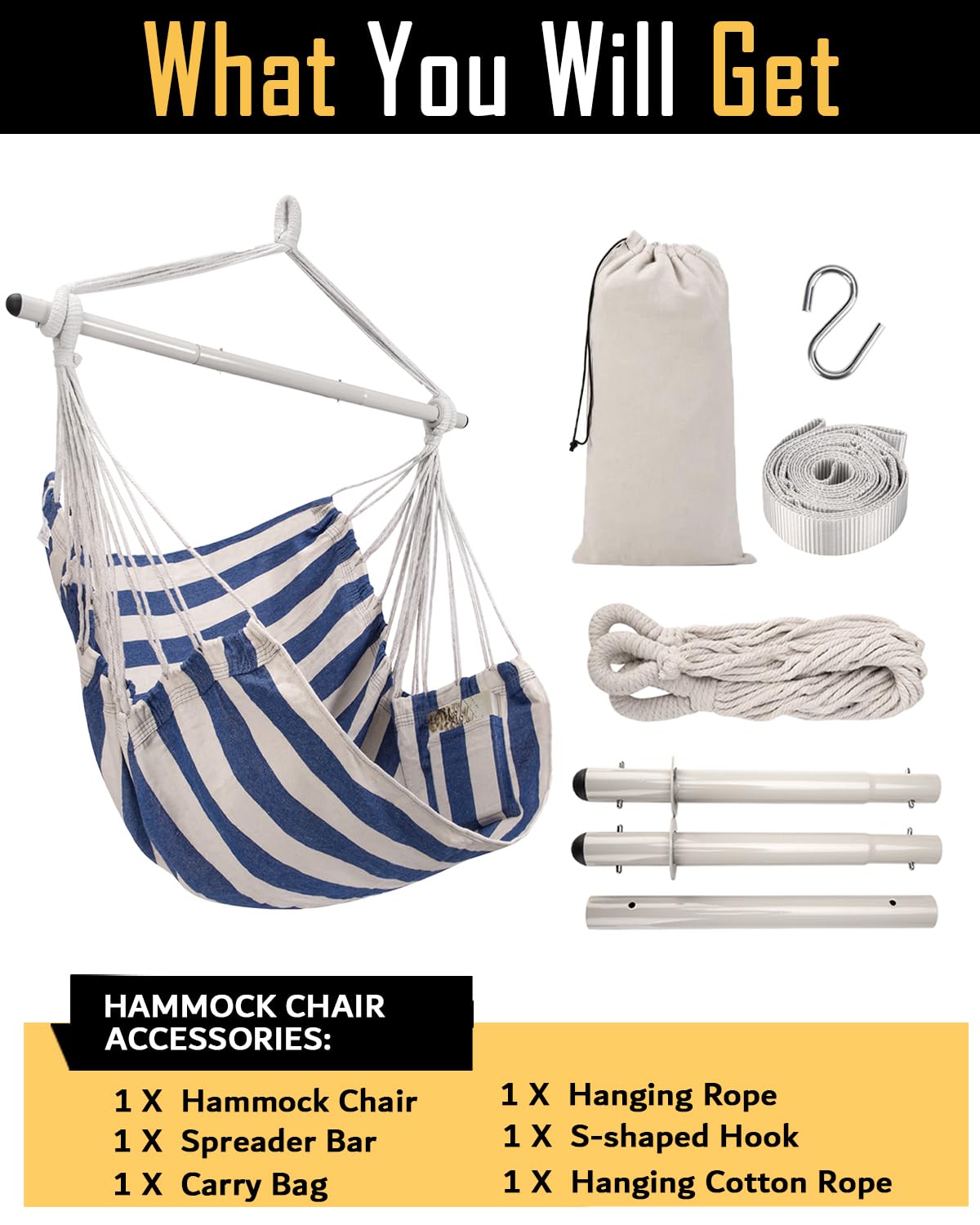 ADVOKAIR all-in-one hammock kit includes bar, hooks, and strap for quick setup.
