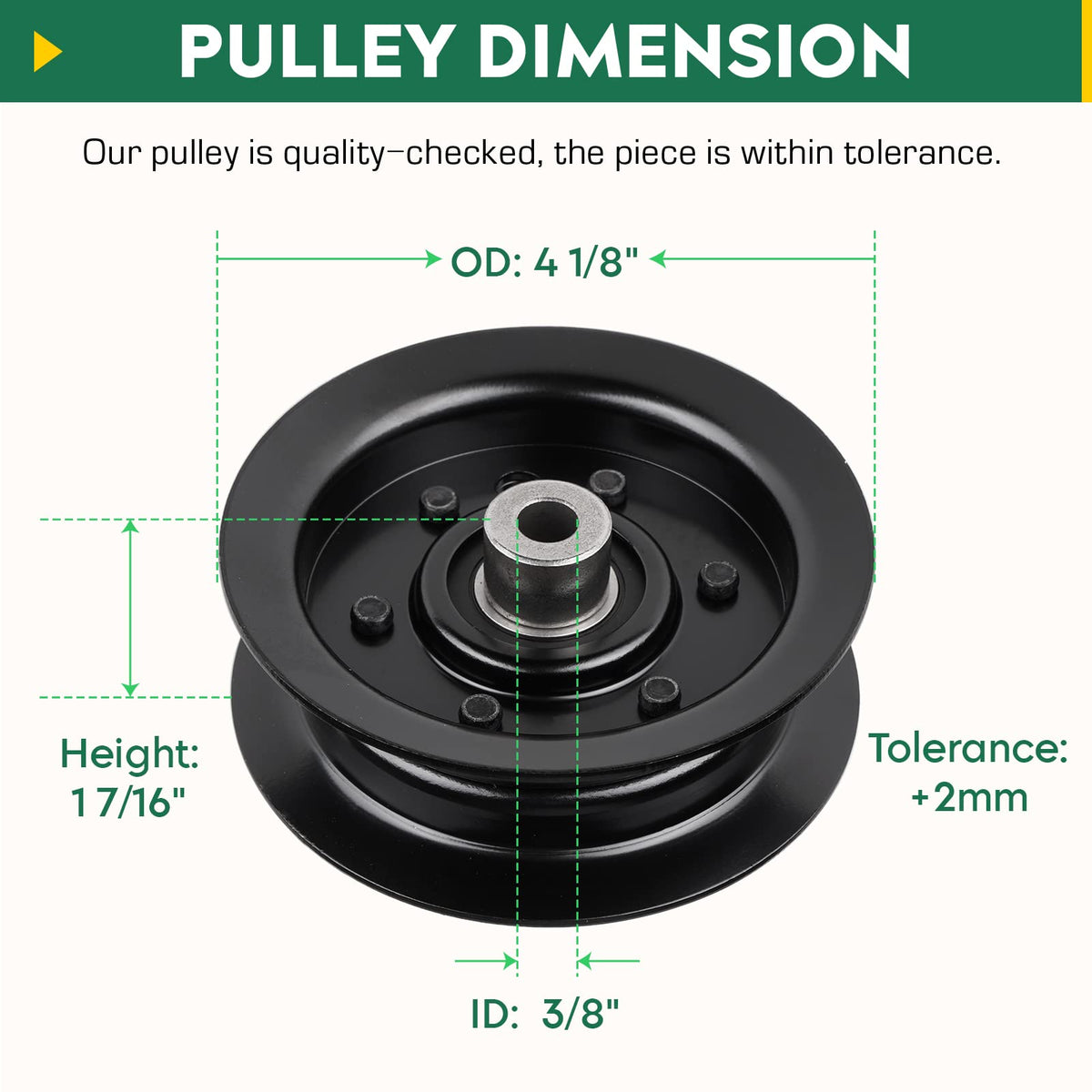 Aeagle flat idler pulley shows inner 3/8 and outer 4-1/8 inch dimensions