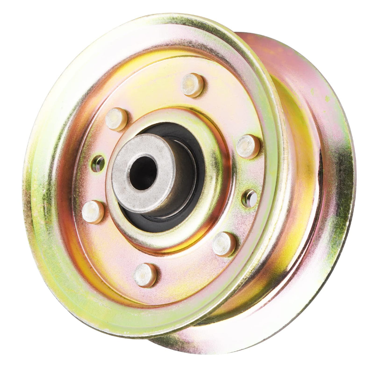 Aeagle idler-pulley closeup showing durable belt support for lawn mowers.