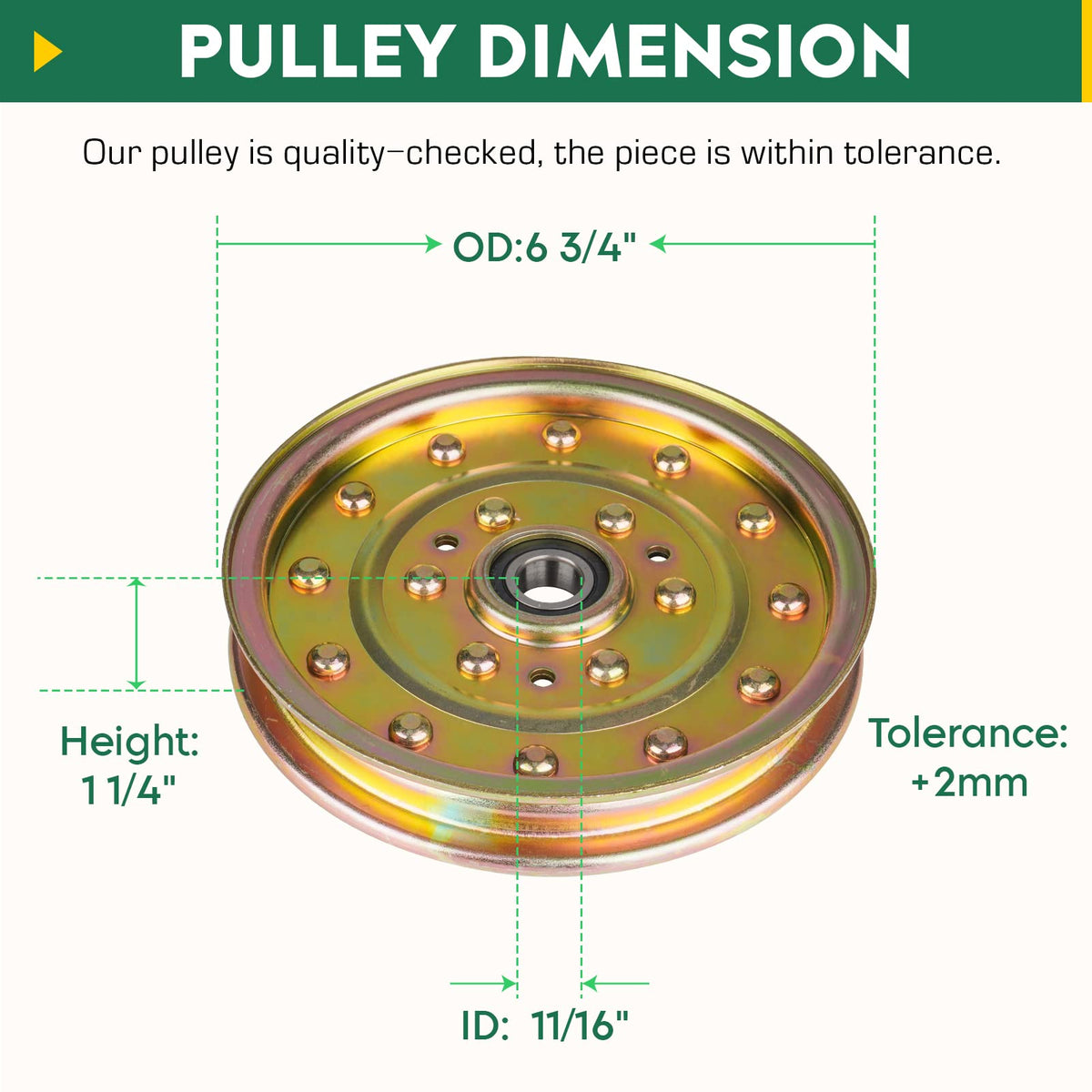 Aeagle idler pulley with precise dimensions supports proper belt fit.