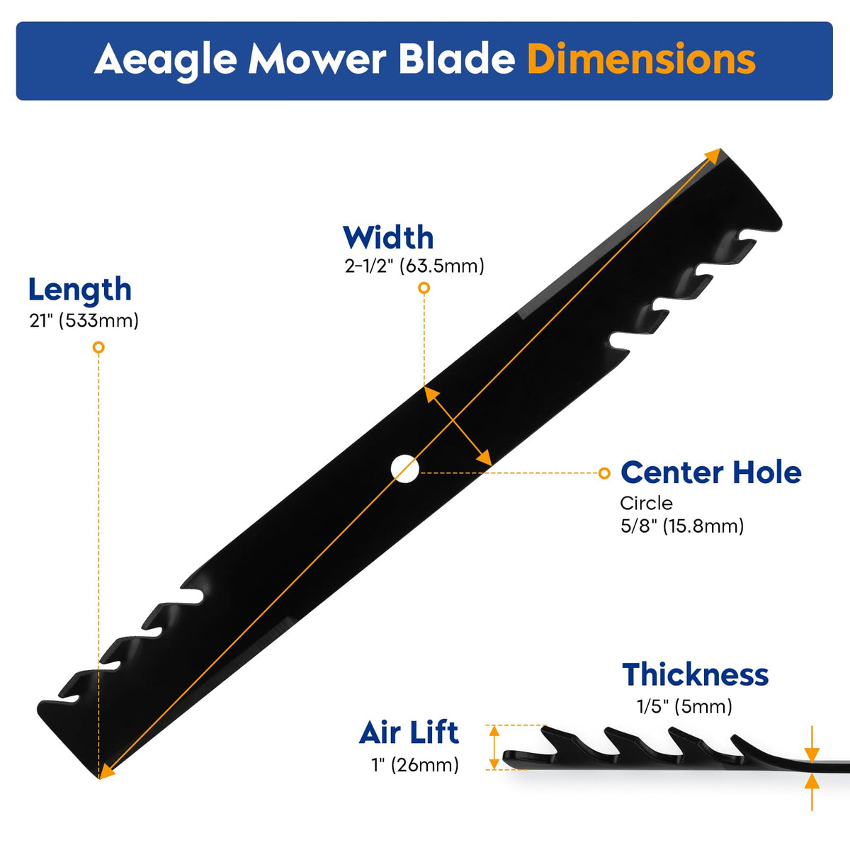 Aeagle toothed mower blade for 61-inch deck, side view, robust design.