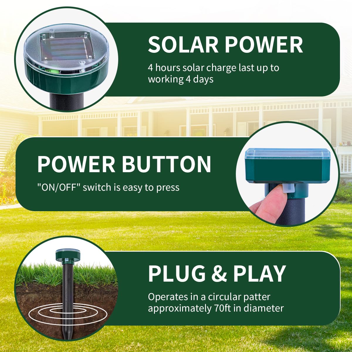 AECITY Solar-powered stake provides year-round deterrence in outdoor spaces.