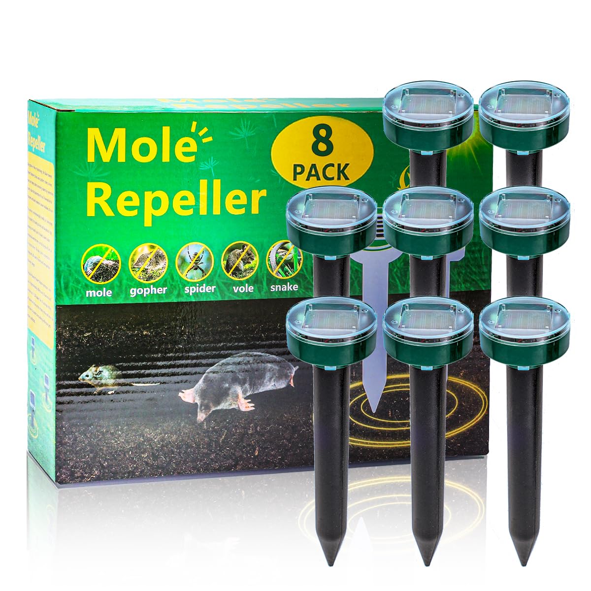 AECITY Upgrade 8PK solar mole repellent stake guarding your lawn from burrowing pests.