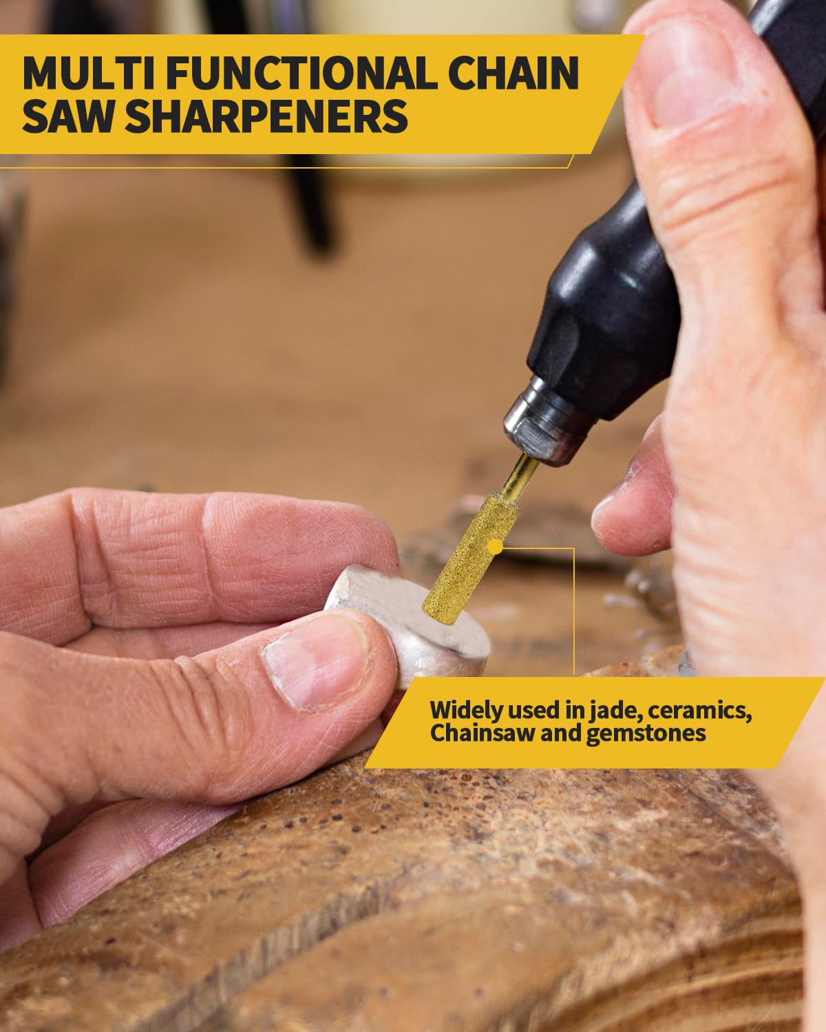 Aecsze chainsaw sharpener bits in use on an electric saw