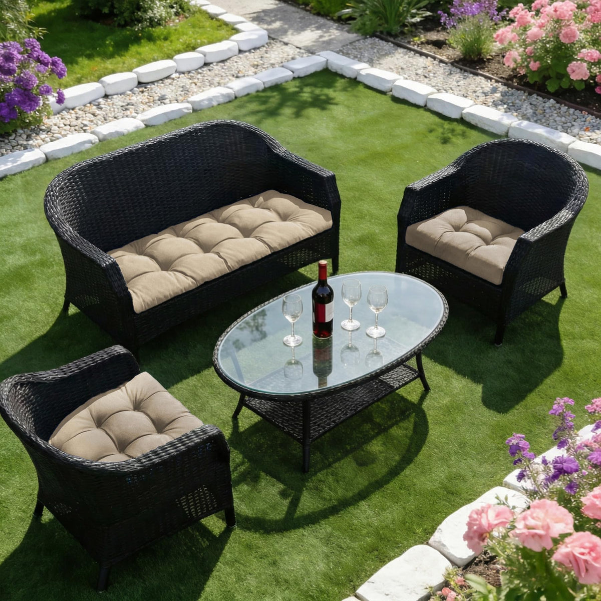 Aegisun tufted wicker cushion adds style and structured comfort.