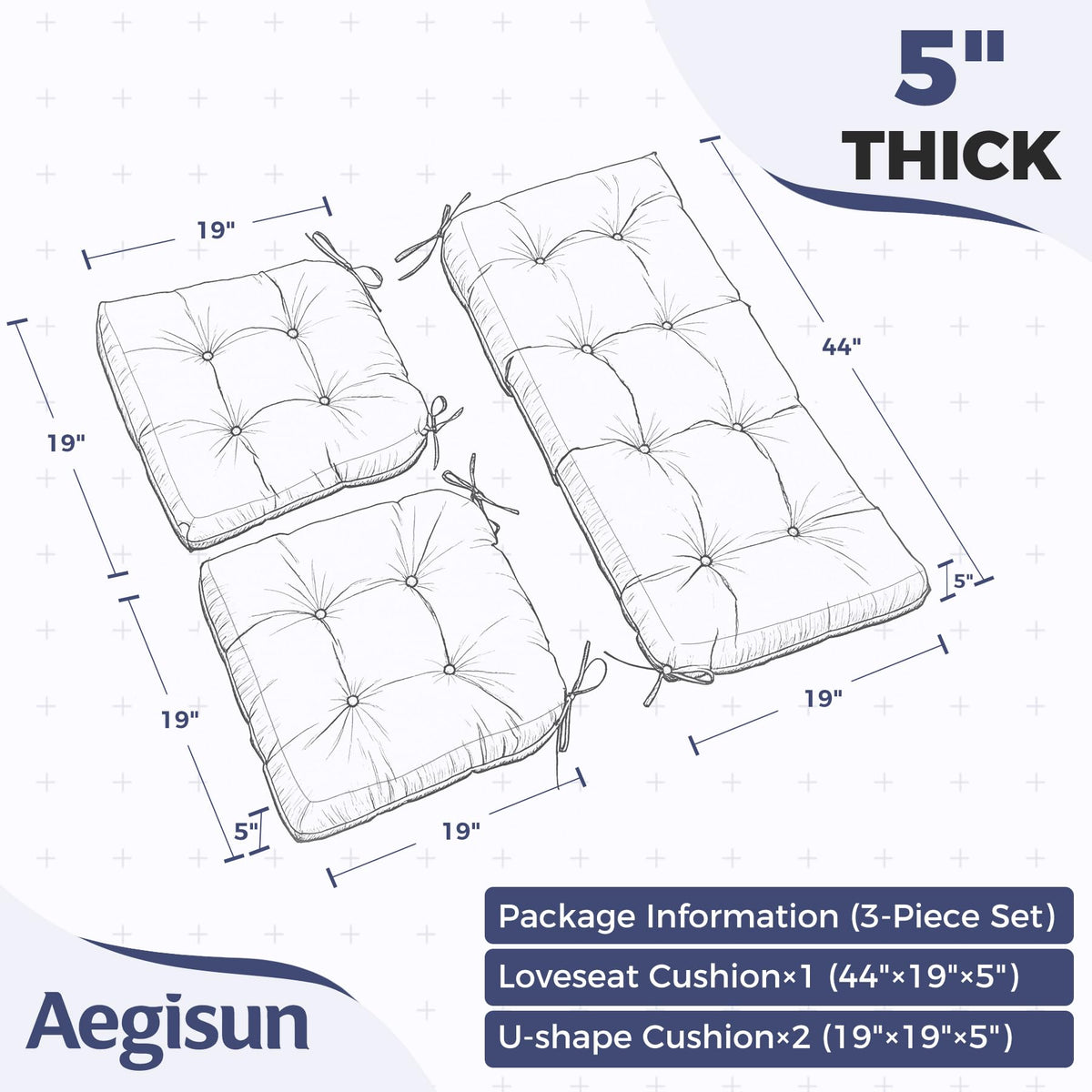 Aegisun wicker U-shape cushion 19x19x5 provides sturdy outdoor seating.