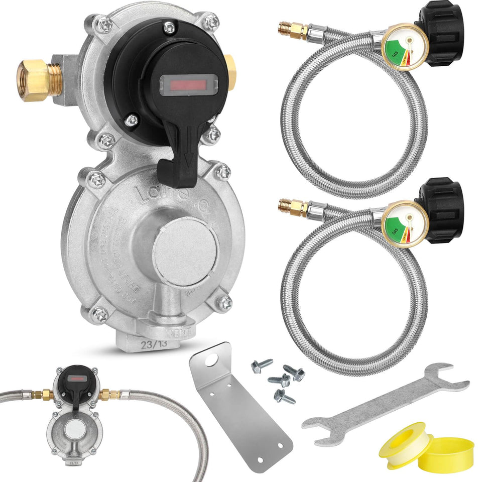 Aekops RV regulator main unit driving dual tanks for reliable gas flow.