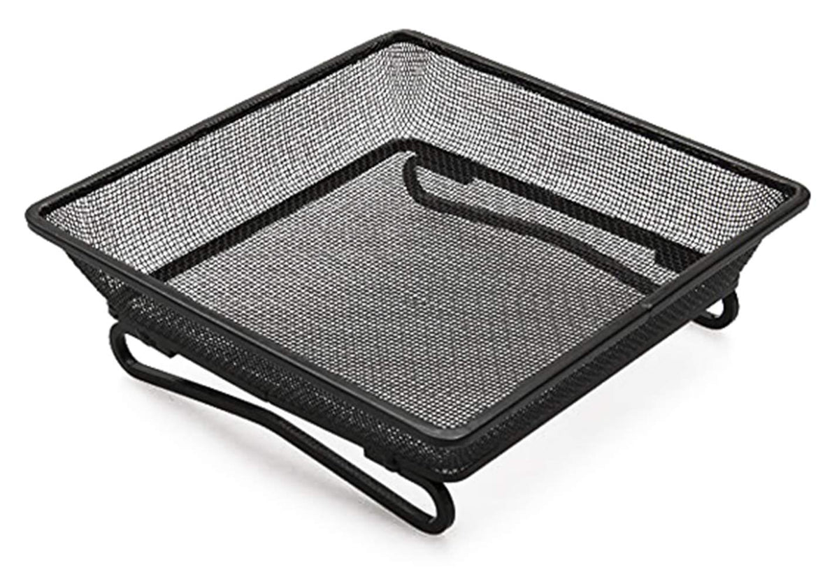Aelean ground bird feeder tray with an 8-inch square mesh, attracting small birds.