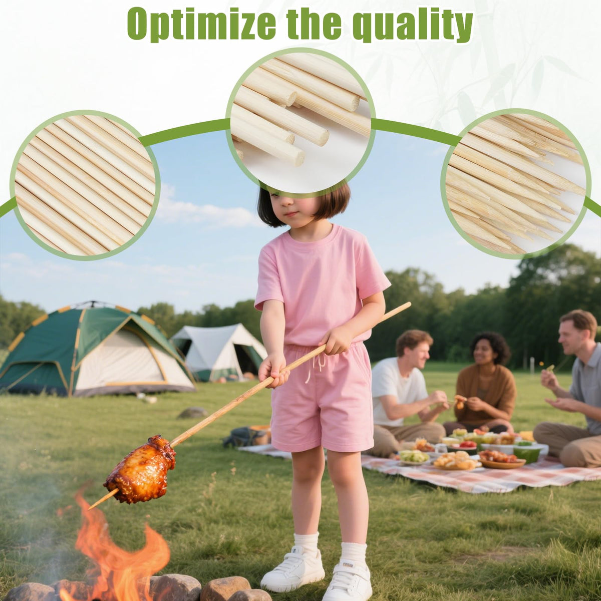 Aerisque skewers facilitate hot dog roasting around a campfire.