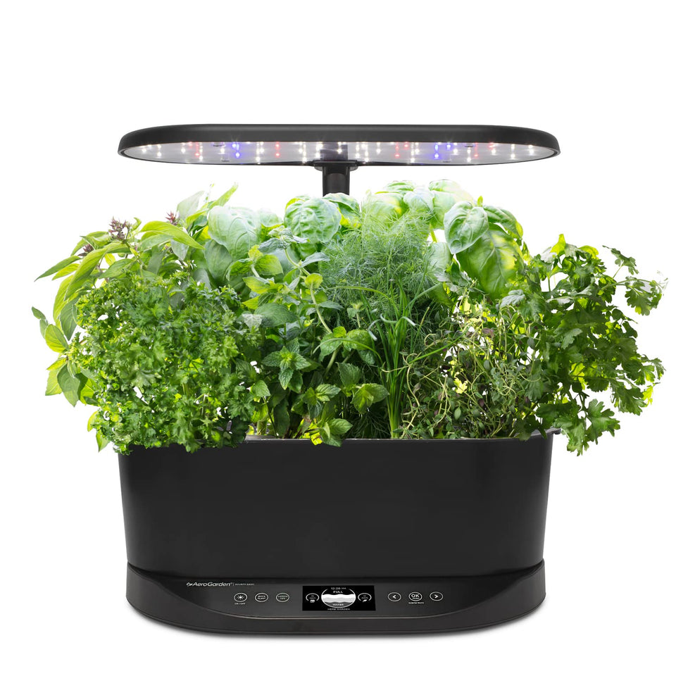 AeroGarden Bounty Basic with lights on supports rapid indoor growth