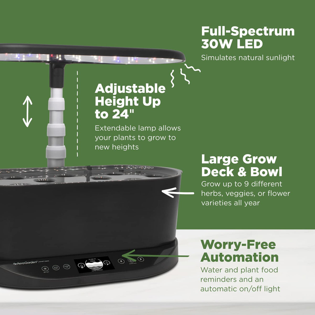 AeroGarden Bounty Basic's sleek design blends with modern kitchens