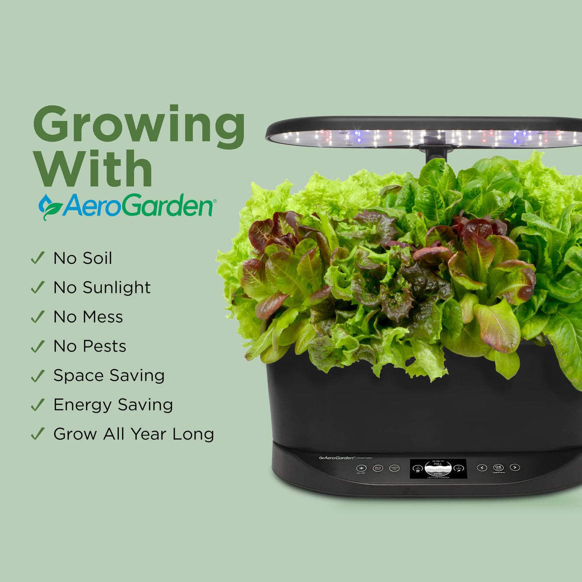 AeroGarden Bounty Basic touchscreen shows stats at a glance