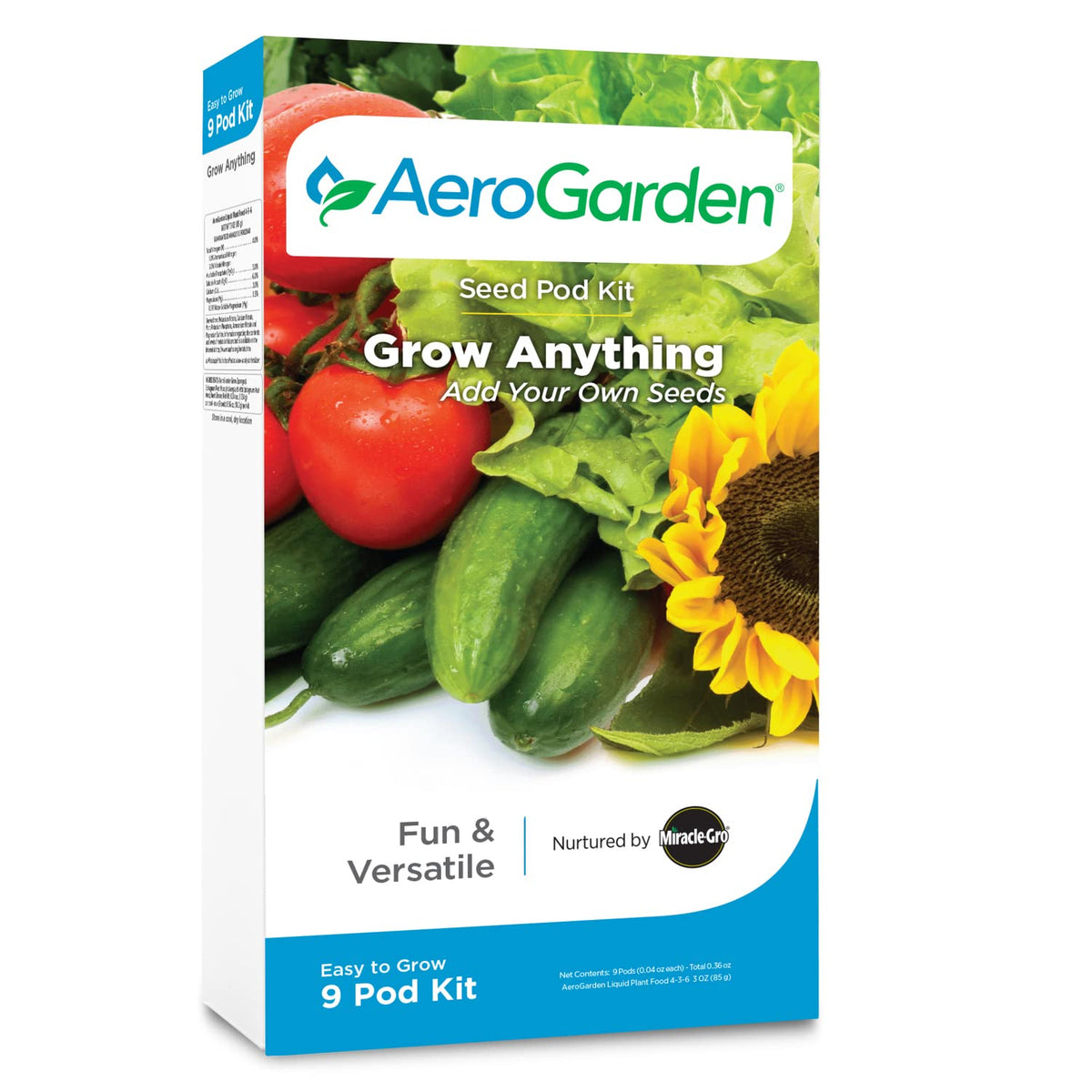 A AeroGarden Grow Anything 9-pod kit box ready for indoor seed growth.
