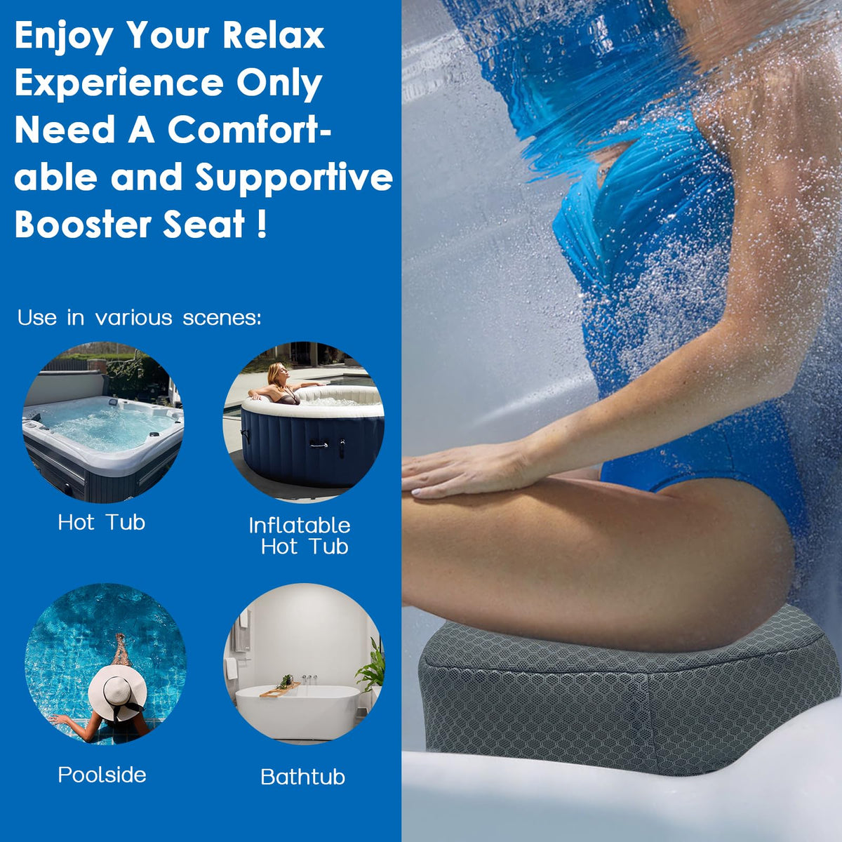 AEROiVi booster seat raises 5 inches for clearer view and cooler spa experience