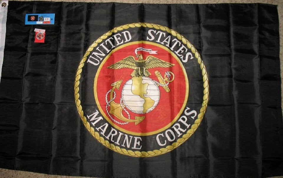 AES Black USMC emblem nylon flag banner ideal for outdoor display.