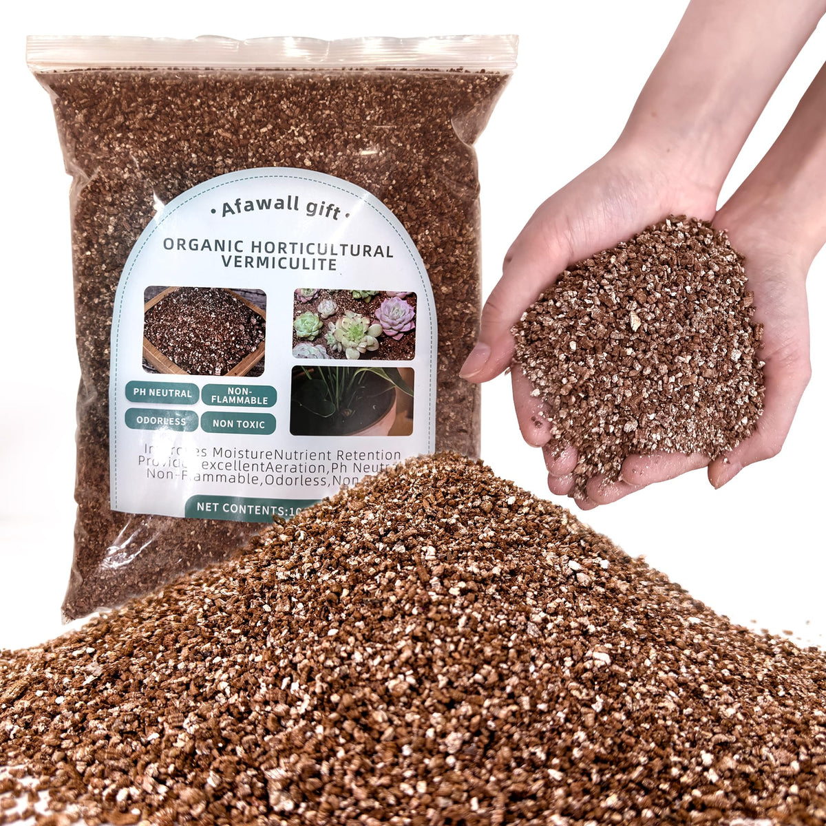 Afawall gift Organic Vermiculite bulk bag shown for soil aeration and moisture retention.