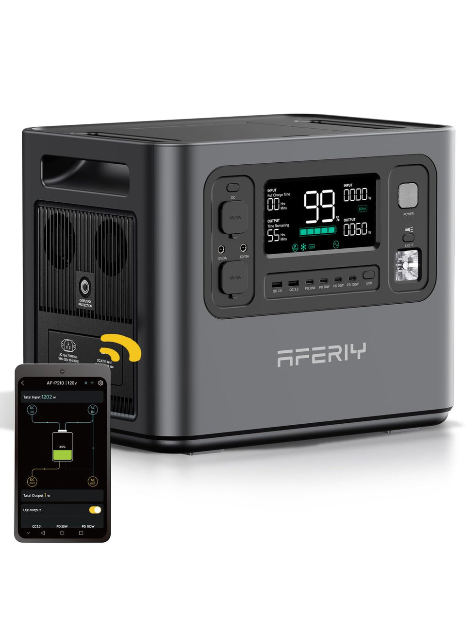AFERIY P210 front view shows a portable power station ready for outdoor backup.