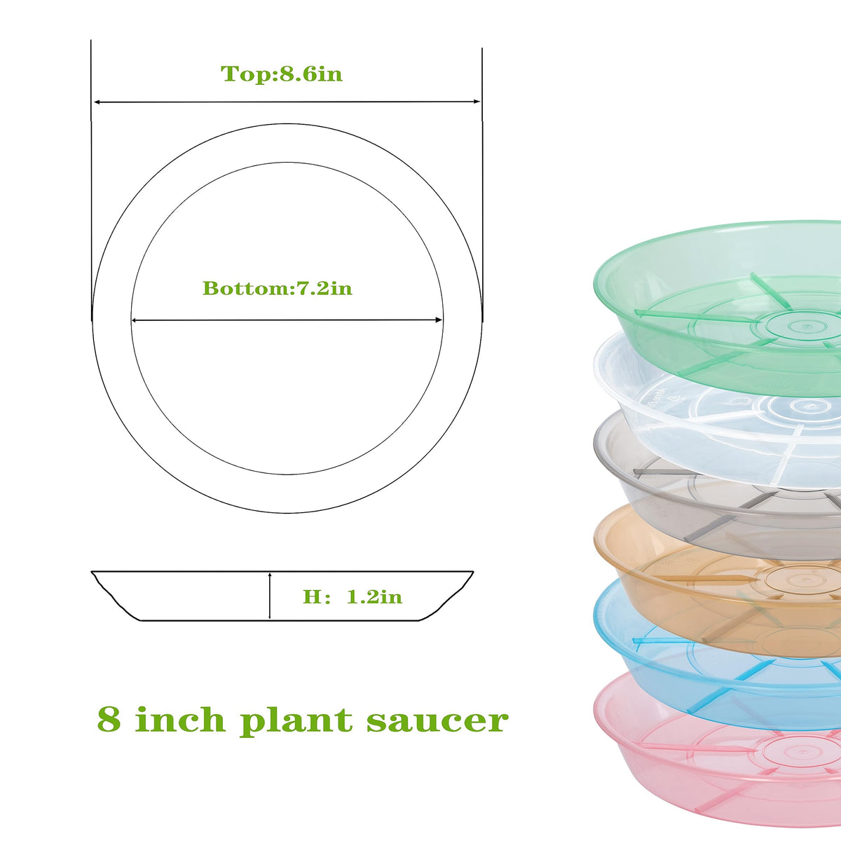 Afrine 8-inch plant saucer side view shows depth for drainage compatibility.