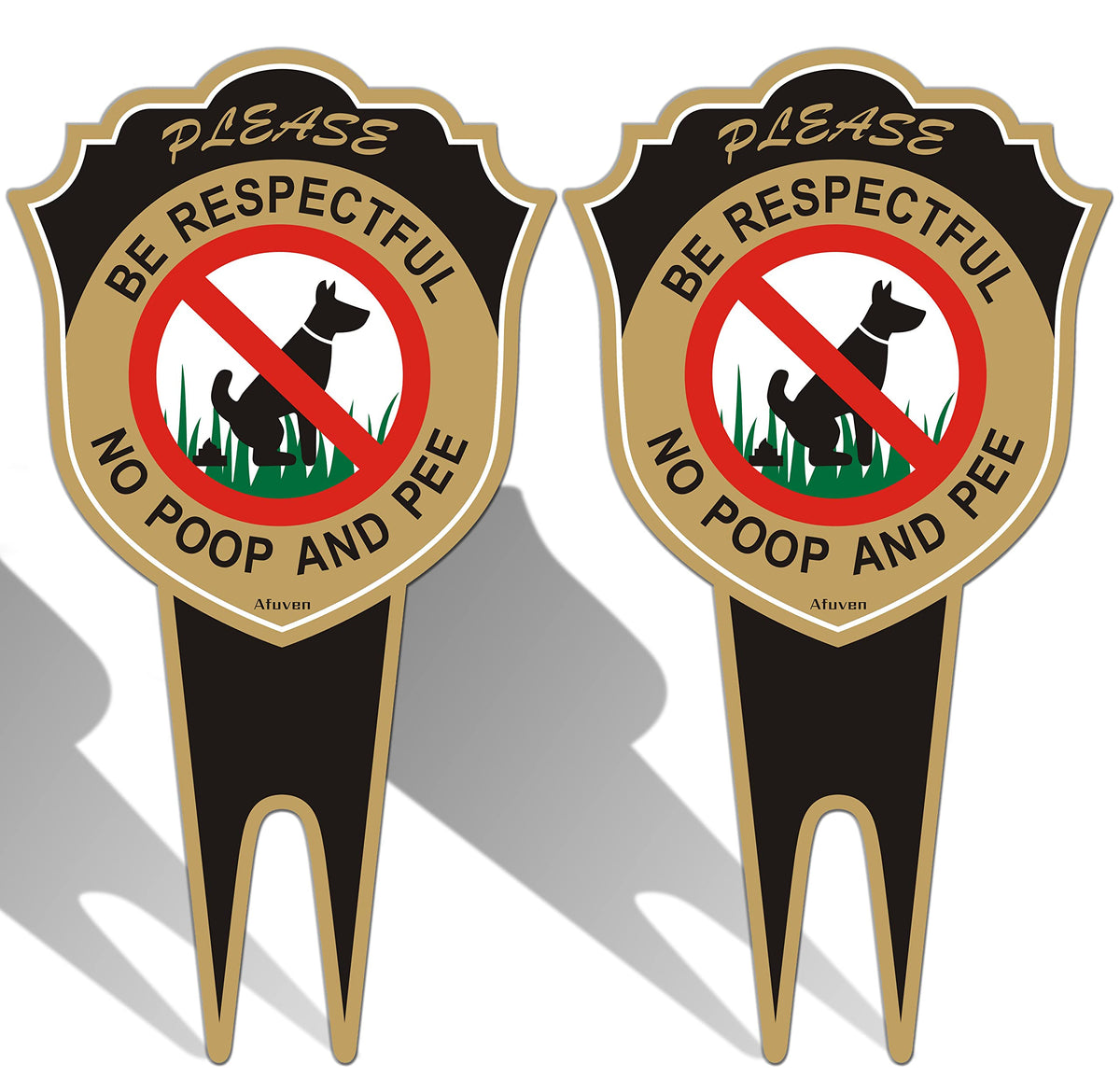 Afuven no pee no poop sign front view with stake in lawn