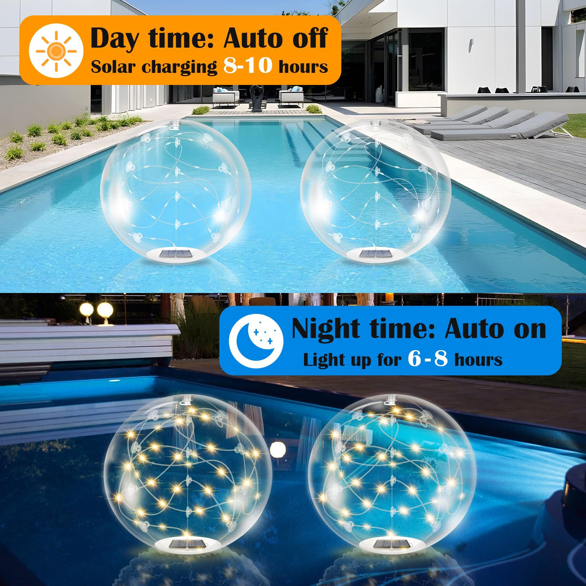 afzdby Warm white ball lights brighten night swims with a soft, inviting glow.