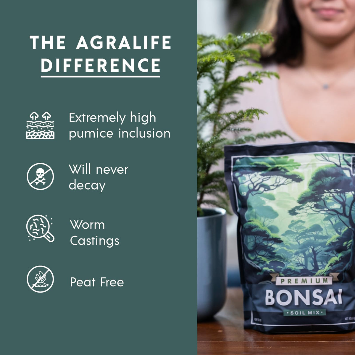 Potted bonsai in Agra Life soil shows balanced moisture and growth potential.