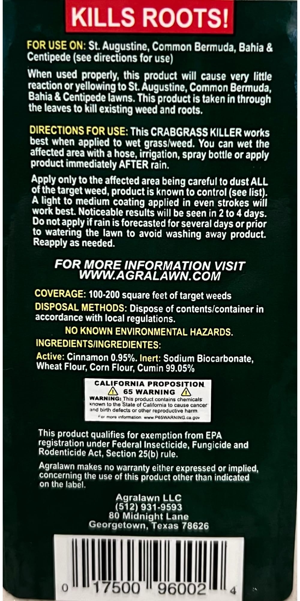 Agralawn Crabgrass Killer packaging demonstrates clear directions for post-emergent weed control.