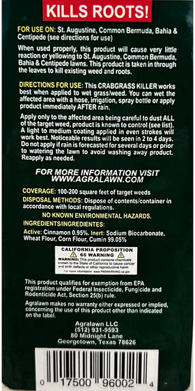 Agralawn Crabgrass Killer packaging demonstrates clear directions for post-emergent weed control.