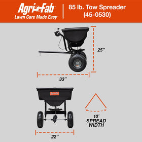 Agri-Fab 45-0530-131 spreader with 10-inch pneumatic tires for smooth transport.