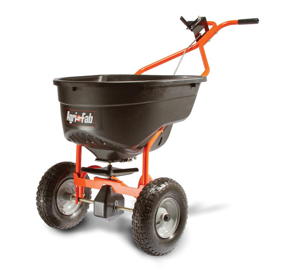 Agri-Fab 45-0614 hopper showing 130 lb capacity for large seed loads.