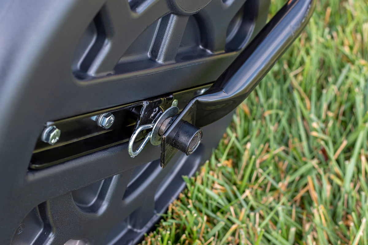 Agri-Fab easy-hitch connection for compatible lawn tractors.