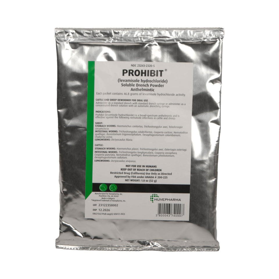 Agrilabs Prohibit drench powder pack for cattle and sheep, broad-spectrum worm control.