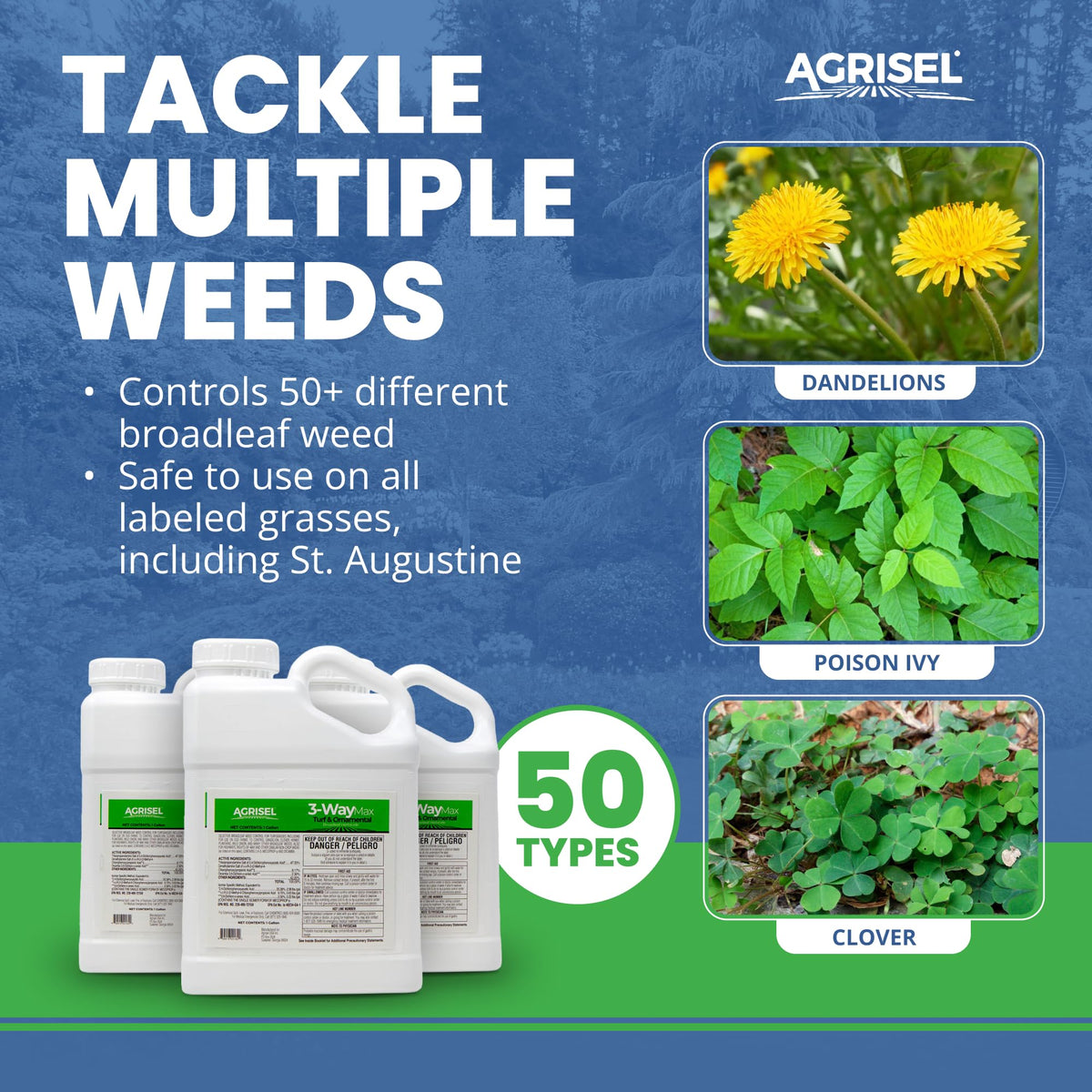 Agrisel 3 Way Max weed killer label highlights safe grass use.