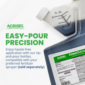 Agrisel GrassOut Max label highlights safe use around flowers and shrubs.