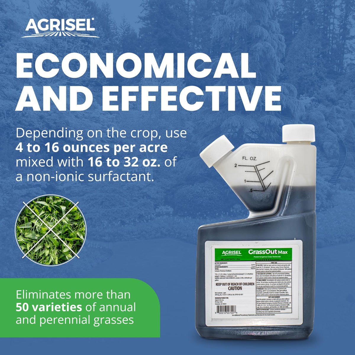 Agrisel GrassOut Max three-pack gloves included for hand protection.