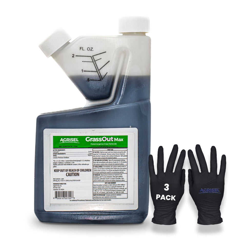 Agrisel GrassOut Max weed killer bottle ready for easy application near ornamentals.