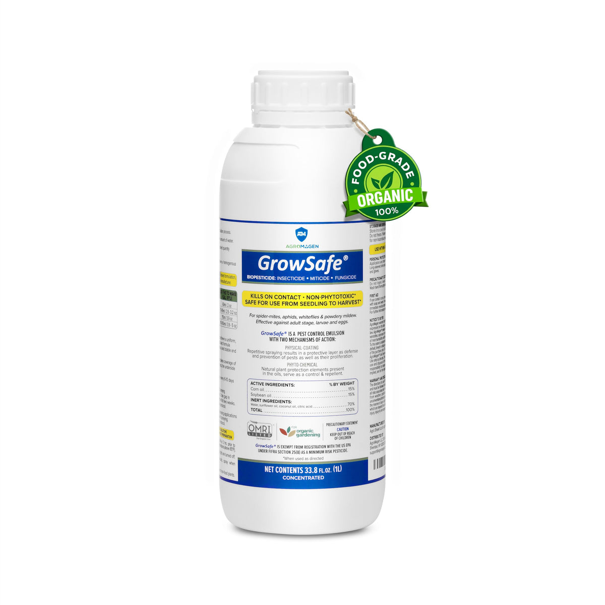 AgroMagen GrowSafe bottle label shows organic ingredients for safe garden pest control.