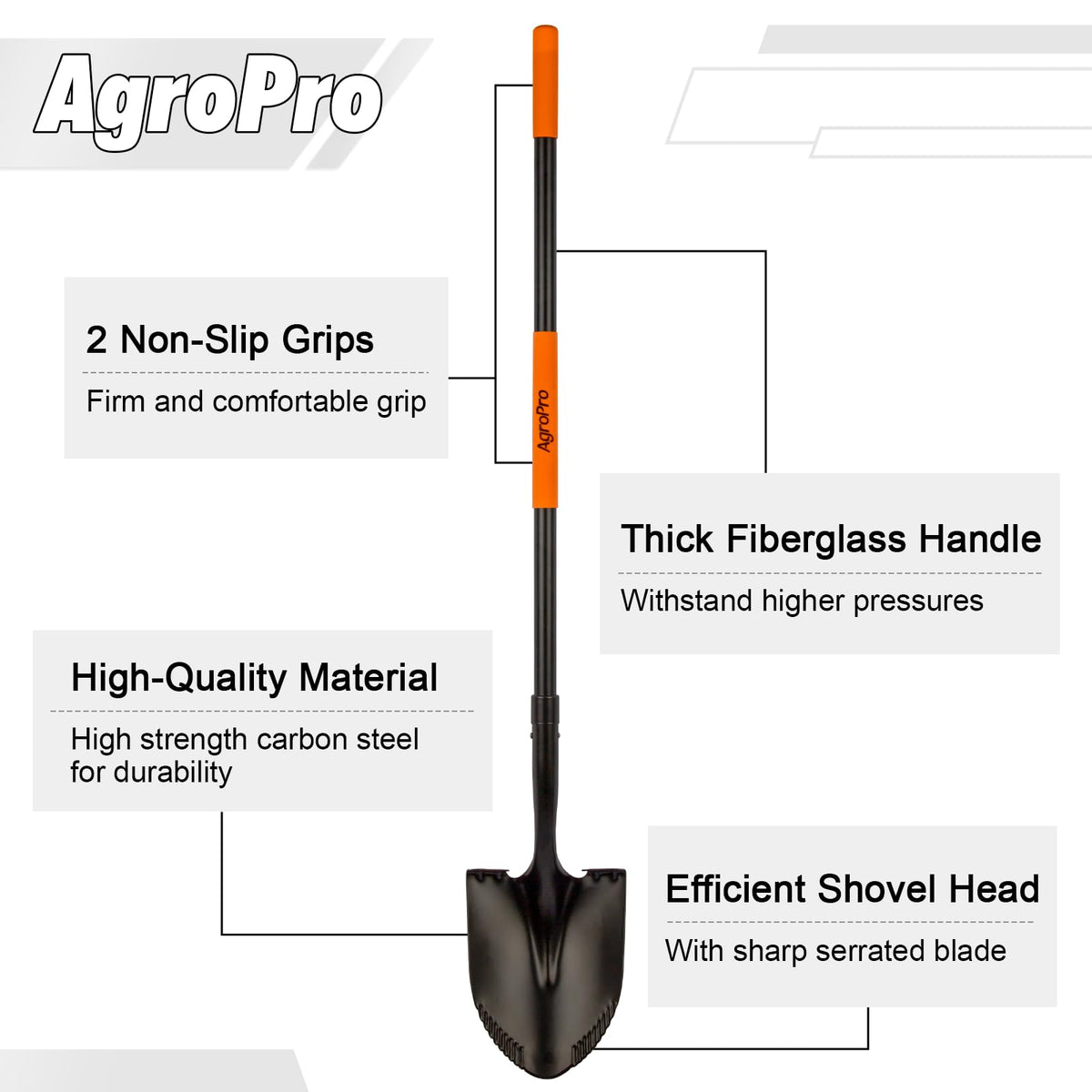 AgroPro shovel showing reinforced fiberglass handle for strong, comfortable grip