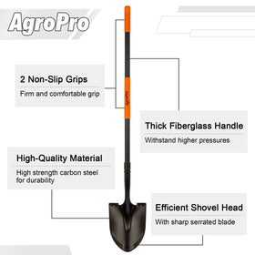 AgroPro shovel showing reinforced fiberglass handle for strong, comfortable grip