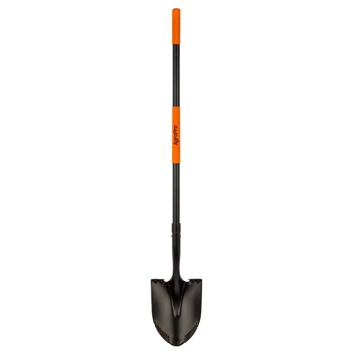 AgroPro heavy duty shovel with serrated blade cutting through soil for easier digging