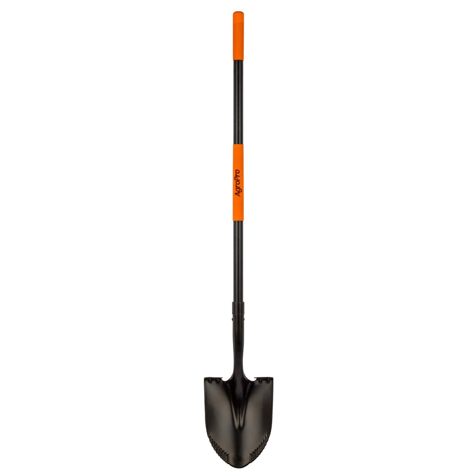 AgroPro heavy duty shovel with serrated blade cutting through soil for easier digging
