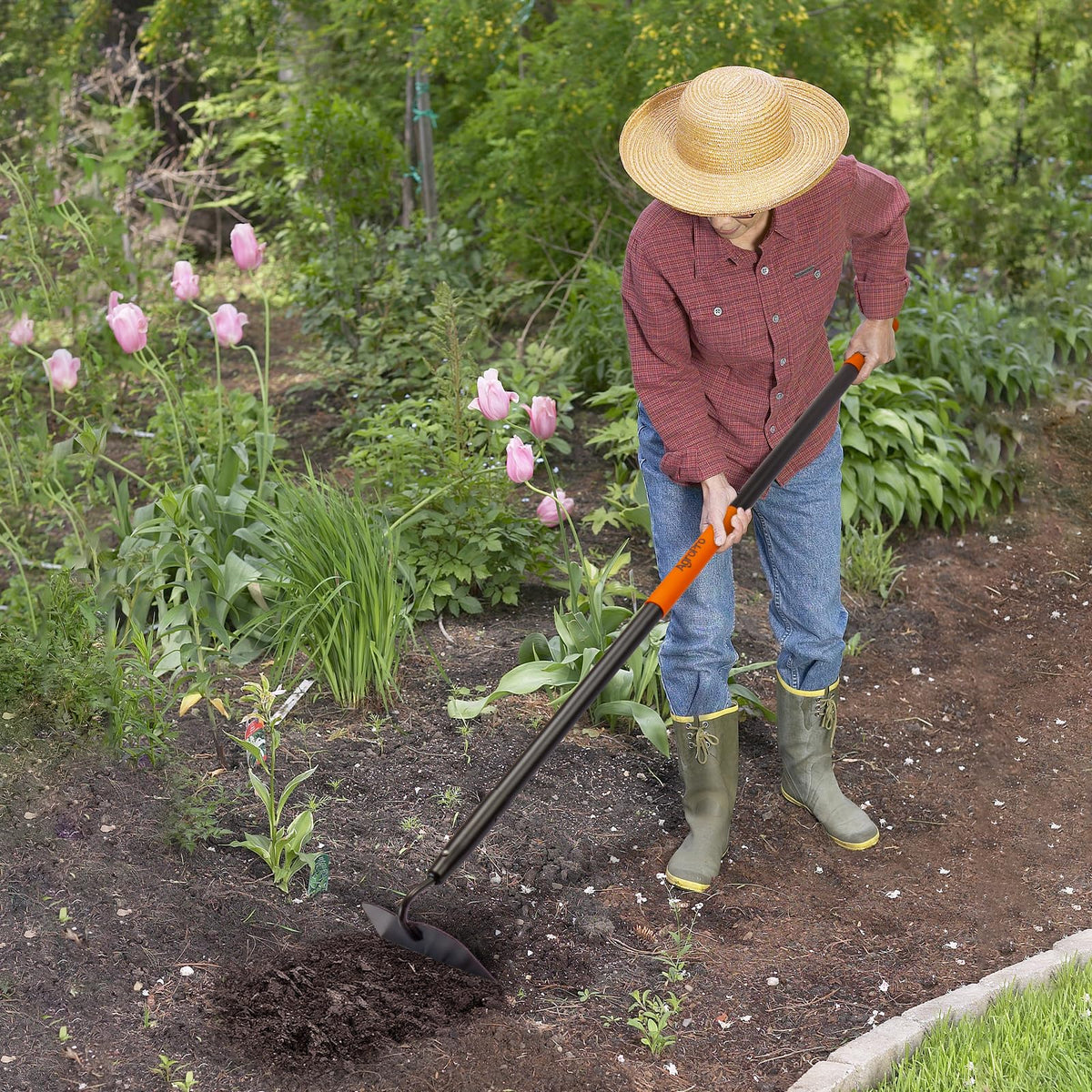 AgroPro hoe forged high-carbon steel blade for long-lasting performance.