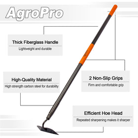 AgroPro hoe long handle 58-inch design helps reduce back strain during weeding.