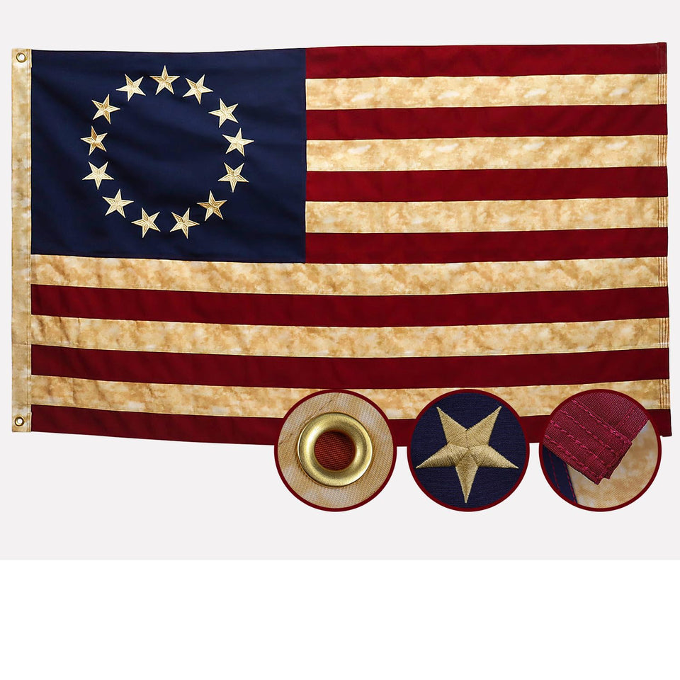 AGUIFLGS Betsy Ross flag with tea-stained finish for outdoor displays.